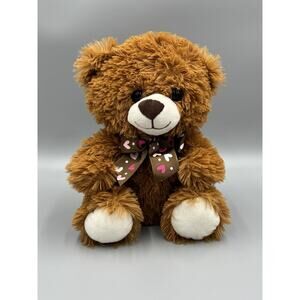 Brown Shaggy Teddy Bear OMG! Plush 11” Stuffed Animal W/ Ribbon Hearts Bow Tie